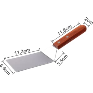 A stainless steel turner with a wooden handle, featuring a rectangular blade and precise dimensions.