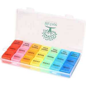 A pill organiser with multiple compartments in vibrant colours, featuring a transparent lid and branding.