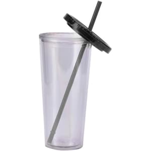 A 24oz clear plastic cup with a black lid and straw, featuring a simple design and a logo.