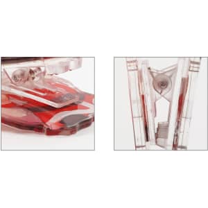 Acrylic UV print clip in red and clear, featuring a sleek design and a logo.