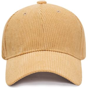 A corduroy baseball cap in a warm tan colour, featuring stitching details and a logo on the front.