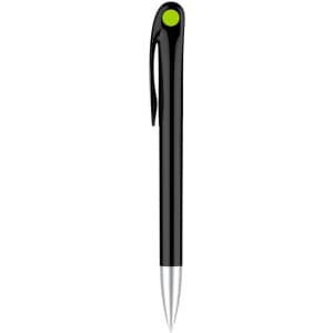 A black barrel pen with a green accent, featuring a clip and a shiny silver tip, along with branding.