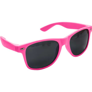 A pair of pink sunglasses with dark lenses and a sleek design, featuring a logo on the side.