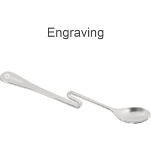 A silver spoon with a unique hanging design, featuring a logo on the handle.