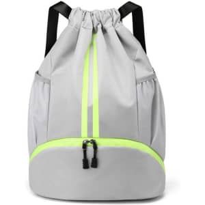 A grey drawstring backpack with fluorescent yellow accents and a zippered bottom compartment, featuring a logo.