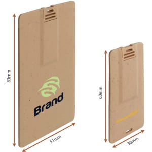 A wheat straw credit card flash drive in a light earthy colour, with two sizes and a logo displayed on the front.
