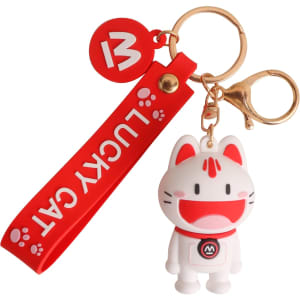 A white and red custom-shaped PVC keyring featuring a cat design, attached to a keychain with a red strap.