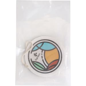 An expandable dishwashing sponge in a clear package, featuring a colourful circular design with green, blue, and orange elements.