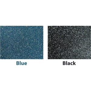 A textured surface featuring two colour swatches: one in blue and the other in black. Both have a granular appearance.