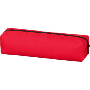 A red pencil case with a black zipper, featuring a simple design suitable for carrying stationery items.
