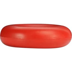 A red cell shape stress reliever in a smooth, rounded design with a logo.