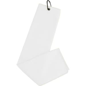 A white waffle golf towel with a metal hook for easy attachment.