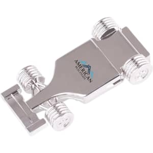 A silver racing car flash drive with four wheels and a branding logo on the body.