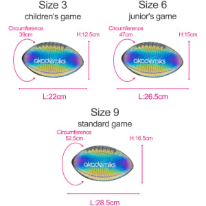 A holographic glowing American football in multiple sizes, featuring vibrant colours and a logo.