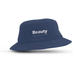 A navy Terry Toweling Bucket Hat with a logo on the front, suitable for leisure and outdoor activities.