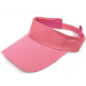 A pink sport visor featuring a wide brim and an adjustable strap at the back, with a logo on the side.