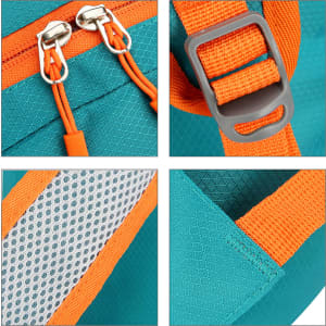 A packable hiking backpack in teal and orange features zippers, adjustable straps, and mesh details.