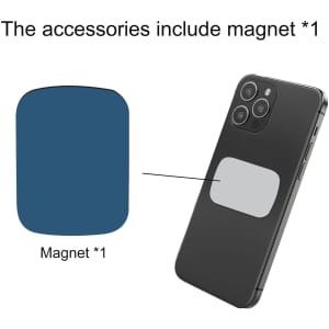 A grey magnet alongside a dark smartphone, featuring a rounded rectangular shape. The smartphone has a logo on the back.