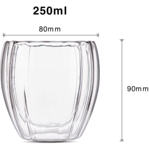 A glass with a spiral double wall design, clear in colour, holding 250ml and measuring 80mm by 90mm.