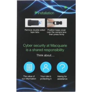 A mini webcam cover in black, featured on a promotional card with installation instructions and logos.
