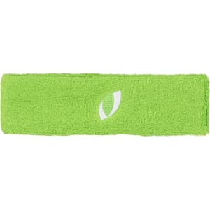 A bright green headband made of textured fabric, featuring a small logo. Suitable for sports or casual wear.