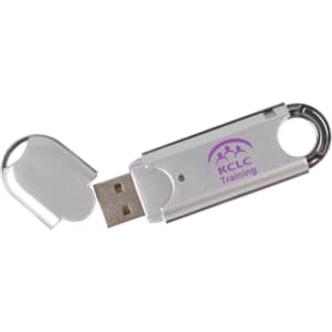 A silver O-ring flash drive with a removable cover and a logo on the side.
