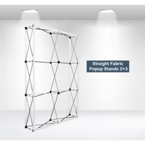 A straight fabric popup display stand in a 2x3 configuration, featuring a lightweight metallic frame.
