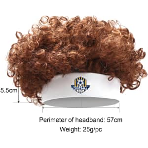 A curly brown headband wig with a white band and a logo, featuring a fluffy afro style.