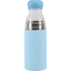 A drink bottle in light blue with a stainless steel vacuum section and a matching cap. It features a logo.