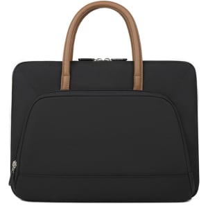 A black laptop bag featuring a zippered outer pocket and brown PU handles. It has a sleek and modern design.