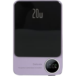 A 10,000mAh magnetic wireless power bank in purple, featuring a digital display and a logo.