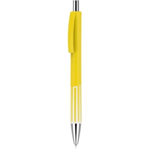 A yellow plastic pen with a sleek design and silver tip, featuring a clip and three white stripes on the barrel.