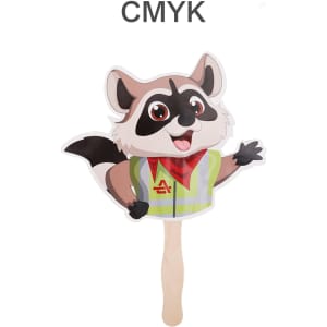 A custom-shaped paper hand fan featuring a cartoon raccoon with a cheerful expression, in vibrant colours.