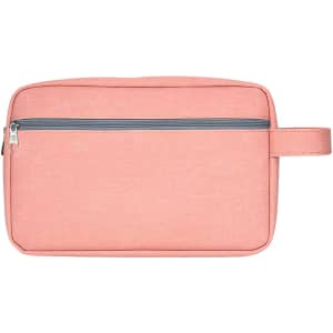 A pink toiletry bag with a handle and a zippered compartment in a sleek design. It features a branding logo.