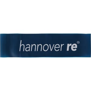 A blue latex fitness resistance band with a logo printed on it. It is flat and has a smooth texture.