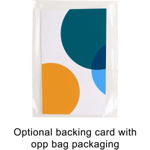 A backing card featuring abstract circles in teal, blue, and orange, packaged in a clear opp bag.
