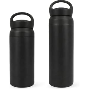 A drink bottle set featuring two black double wall stainless steel bottles with handles, in 350ML and 500ML sizes.