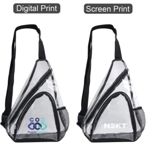 A clear PVC sling bag with black straps, featuring two distinct printing options and a mesh pocket.