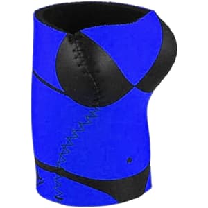 A drink bottle holder in blue with black accents, featuring a decorative design and stitching.