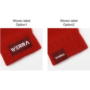 A pair of red knitted fingerless gloves featuring two options for a woven label.