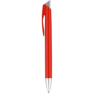 A red plastic pen with a silver tip and a clip for easy attachment. It features a logo on the body.