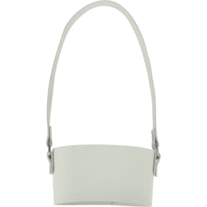 A drink bottle holder made of light grey leather with a detachable strap and silver hardware.