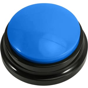 A button with a large blue top and a black base, featuring a logo on the underside.