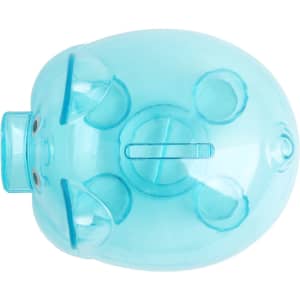 A translucent blue piggy coin bank with a coin slot and circular holes, featuring a simple design.