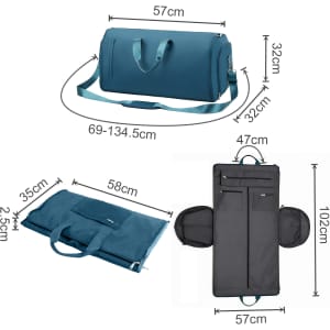 A blue convertible duffel bag that transforms into a garment bag, featuring handles and multiple compartments.
