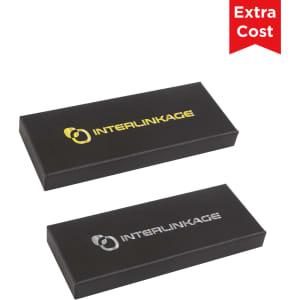 A black rectangular box with a logo, featuring a glossy finish and contrasting gold and silver details.