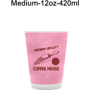 A pink corrugated paper cup with a branding logo and a capacity of 12 oz (420 ml).