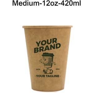 A kraft paper cup in a natural brown colour with a logo and graphic design. Holds 420ml (12oz).