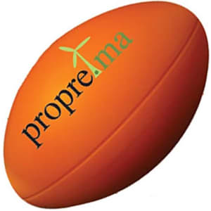 An orange stress ball in the shape of a rugby ball, featuring a logo.