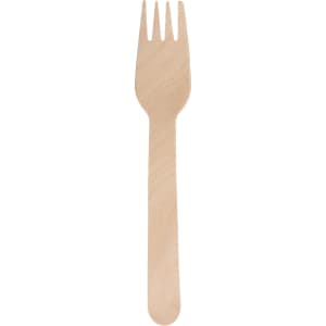 A wooden fork with a smooth finish and light natural colour, part of a disposable cutlery set.